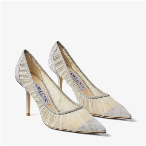 metallic silver glitter fabric pumps with ivory tulle overlay|JIMMY CHOO Love 85 Metallic Silver Glitter Fabric Pumps With .